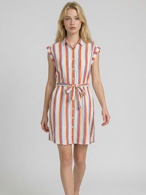 Harper Multi-Stripe Sleeveless Button Shirt Dress in Pink, Turquoise & Yellow